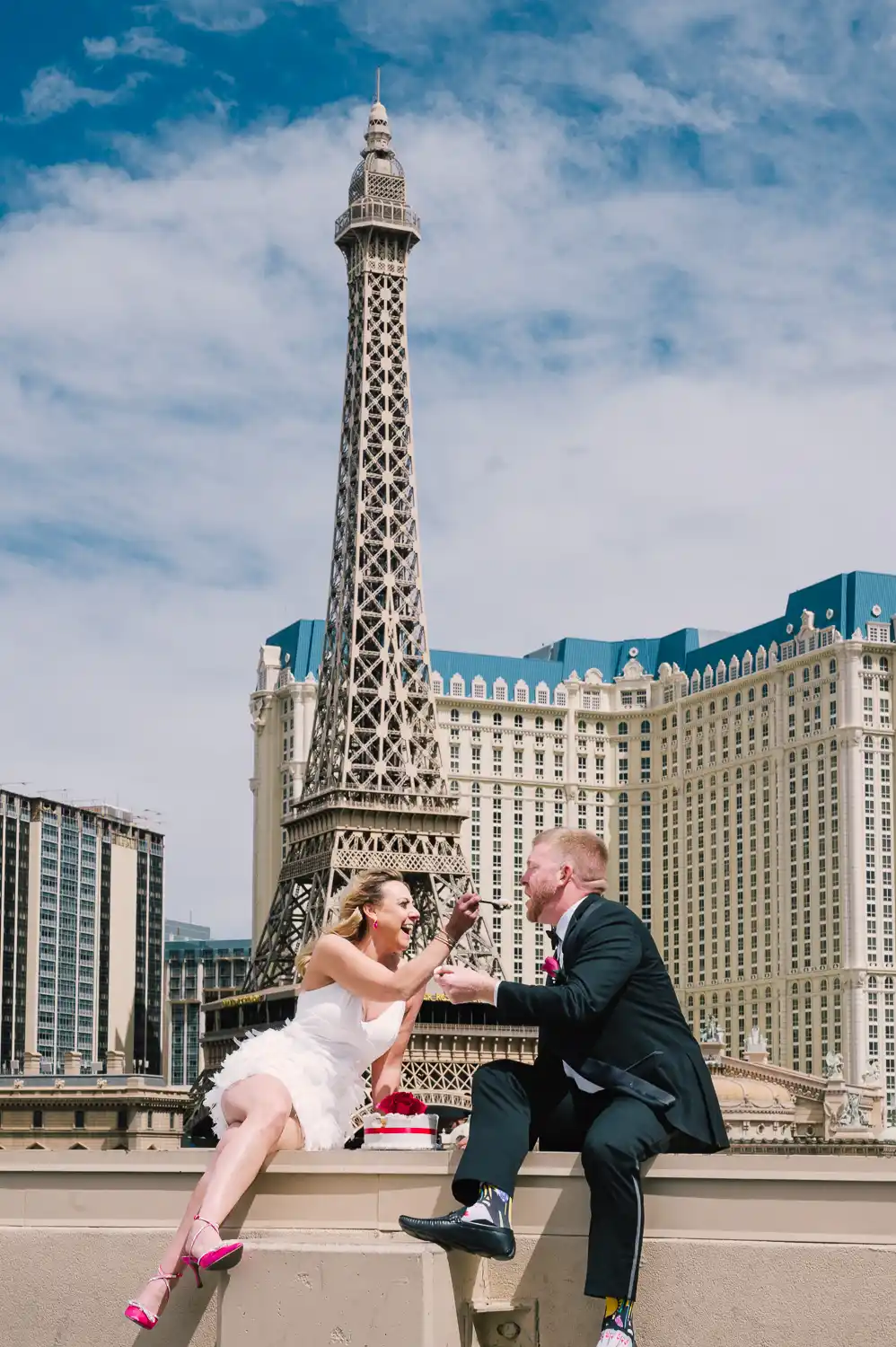 Bellagio hotel cake cutting with Eiffel tower view and Paris hotel